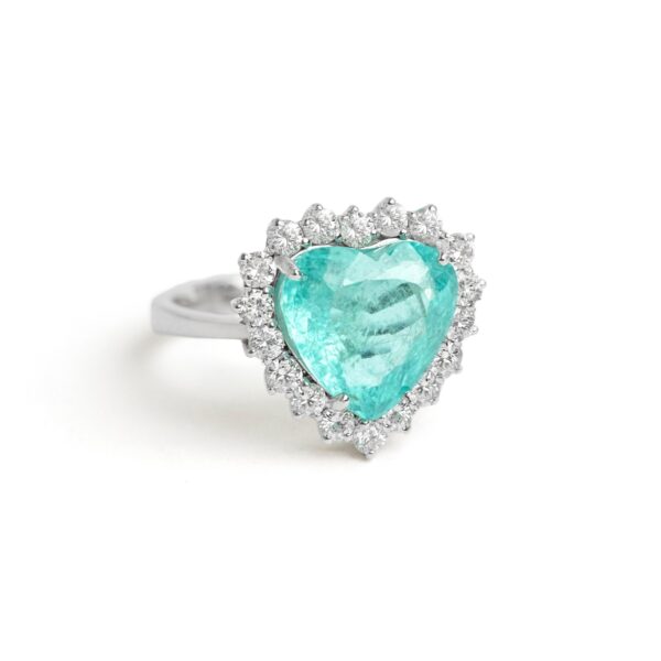 Anel turmalina Paraíba heart 6,46 ct com diamantes 1,02 ct