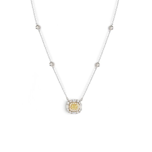 Colar diamante Fancy yellow central com diamantes brancos e diamantes na corrente